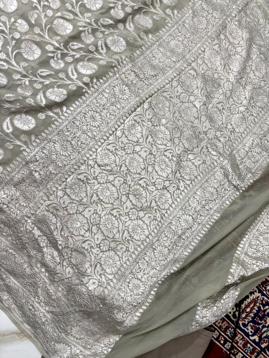 Pure Khaddi Georgette Banarasi Saree - Silver Zari