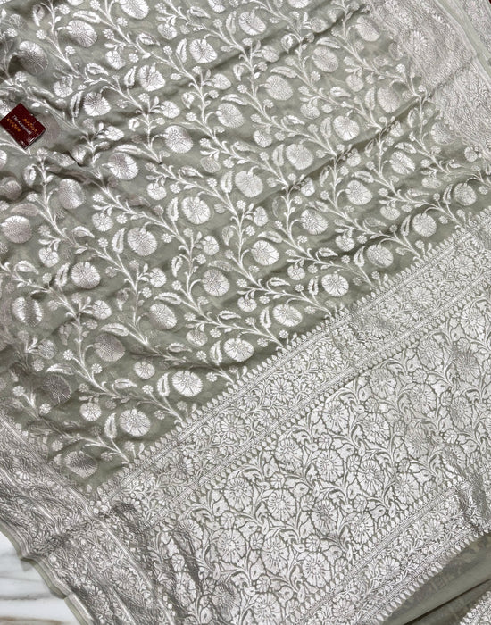 Pure Khaddi Georgette Banarasi Saree - Silver Zari