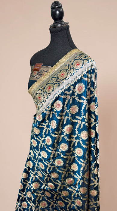 Nita Ambani Blue Pure Katan Banarasi Handloom Saree -Sona Meenakari Jaal Work
