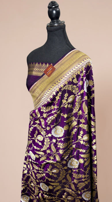 Indian Magenta Pure Katan Silk Banarasi Handloom Saree - Sona Roopa Jaal work