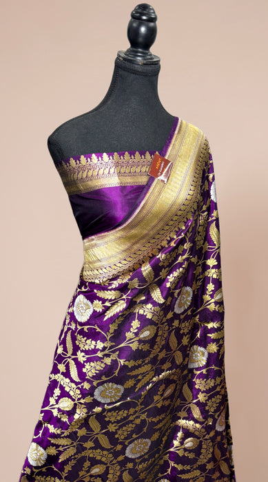 Indian Magenta Pure Katan Silk Banarasi Handloom Saree - Sona Roopa Jaal work