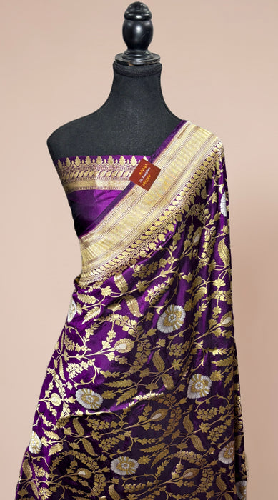 Indian Magenta Pure Katan Silk Banarasi Handloom Saree - Sona Roopa Jaal work