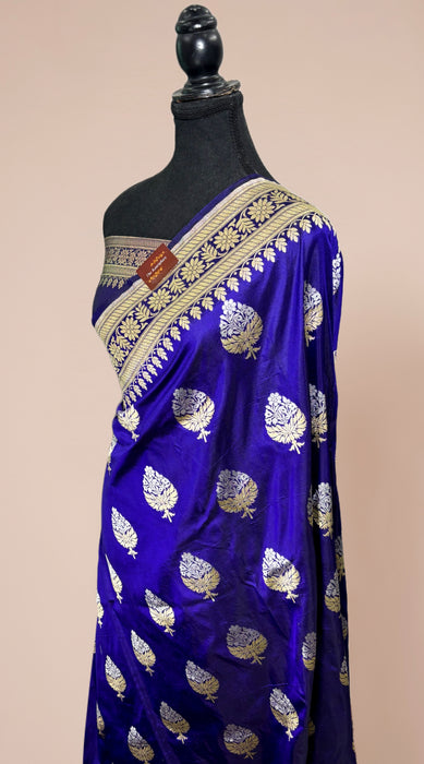 Italian Blue Pure Katan Silk Banarasi Handloom Saree - Sona Roopa Jaal work