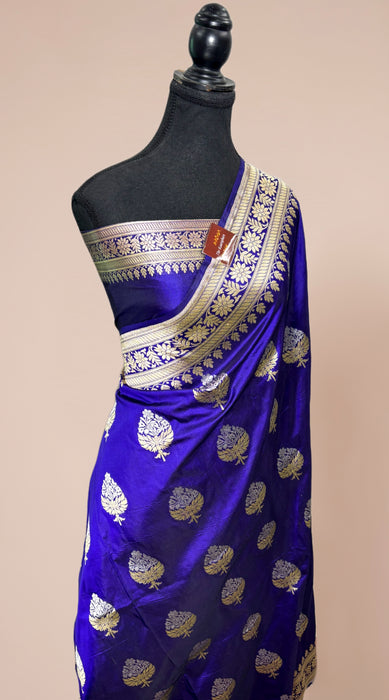 Italian Blue Pure Katan Silk Banarasi Handloom Saree - Sona Roopa Jaal work