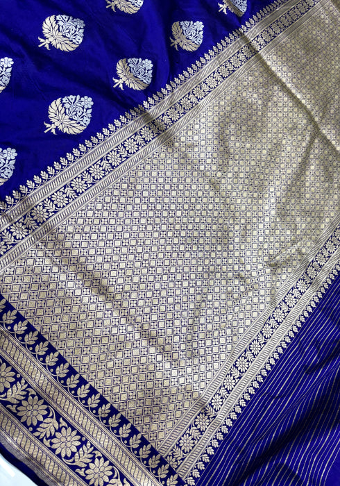 Italian Blue Pure Katan Silk Banarasi Handloom Saree - Sona Roopa Jaal work