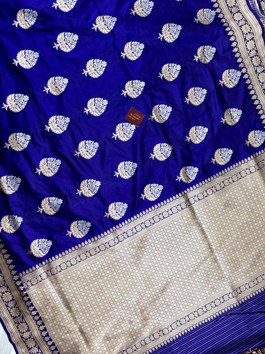 Italian Blue Pure Katan Silk Banarasi Handloom Saree - Sona Roopa Jaal work