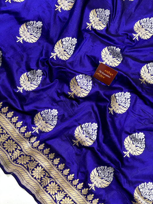 Italian Blue Pure Katan Silk Banarasi Handloom Saree - Sona Roopa Jaal work