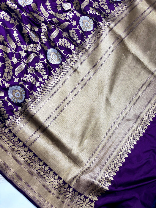 Indian Magenta Pure Katan Silk Banarasi Handloom Saree - Sona Roopa Jaal work
