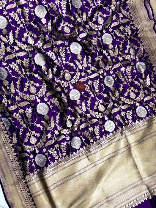 Indian Magenta Pure Katan Silk Banarasi Handloom Saree - Sona Roopa Jaal work