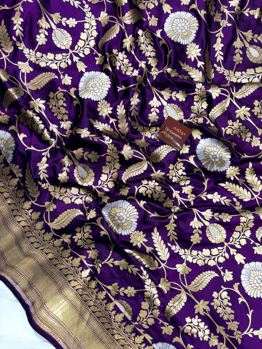 Indian Magenta Pure Katan Silk Banarasi Handloom Saree - Sona Roopa Jaal work
