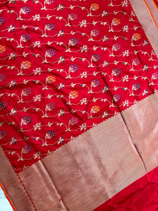 Red Ektara Pure Katan Silk Banarasi Handloom Saree - Kadiyal Jangla