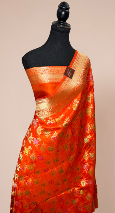 Orange Pure Katan Banarasi Handloom Saree - Meenakari Work