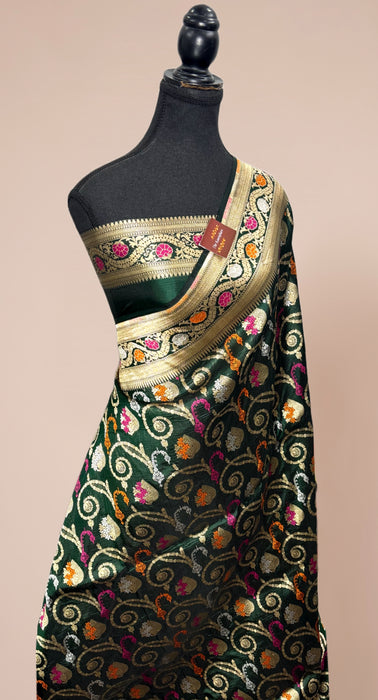 Bottle Green Pure Katan Banarasi Handloom Saree - Meenakari Work