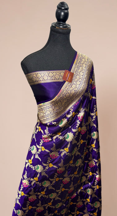 Dark Purple Green Pure Katan Banarasi Handloom Saree - Meenakari Work