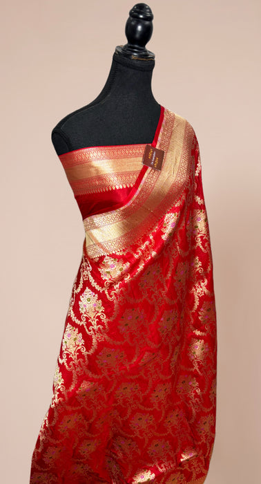 Red Pure Katan Banarasi Handloom Saree - Meenakari Work