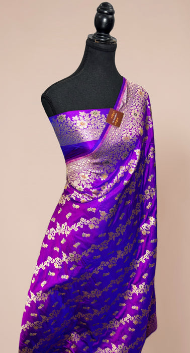 Dual shade Purple German Green Pure Katan Banarasi Handloom Saree - Meenakari Work