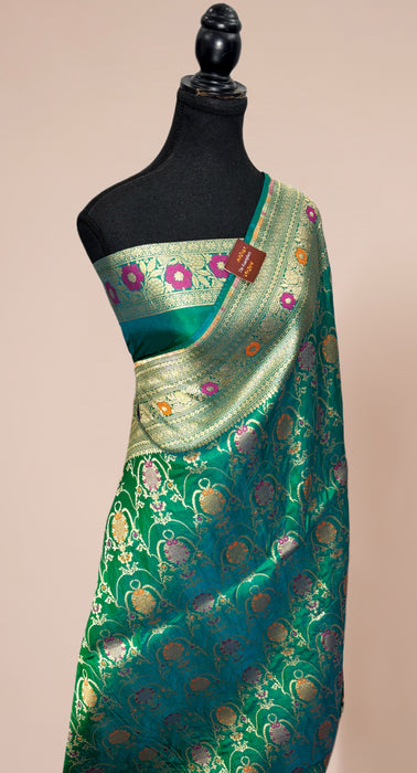 German Green Pure Katan Banarasi Handloom Saree - Meenakari Work