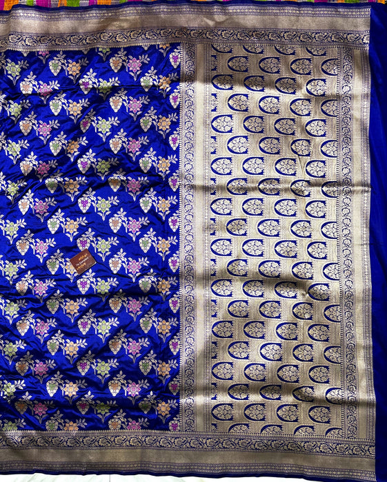 Royal Blue Pure Katan Banarasi Handloom Saree - Meenakari Work