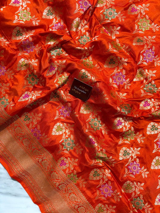 Orange Pure Katan Banarasi Handloom Saree - Meenakari Work