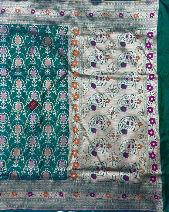 German Green Pure Katan Banarasi Handloom Saree - Meenakari Work
