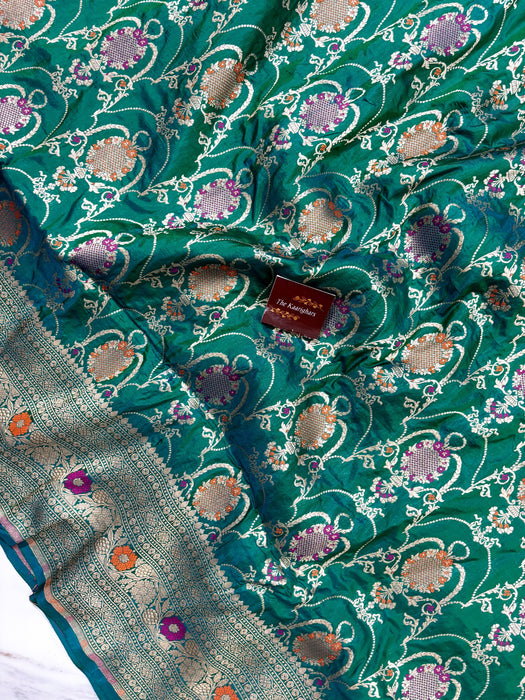 German Green Pure Katan Banarasi Handloom Saree - Meenakari Work