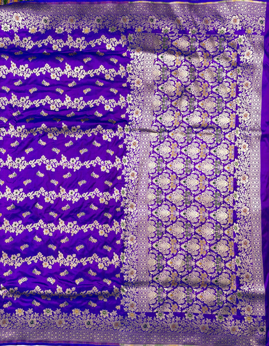 Dual shade Purple German Green Pure Katan Banarasi Handloom Saree - Meenakari Work