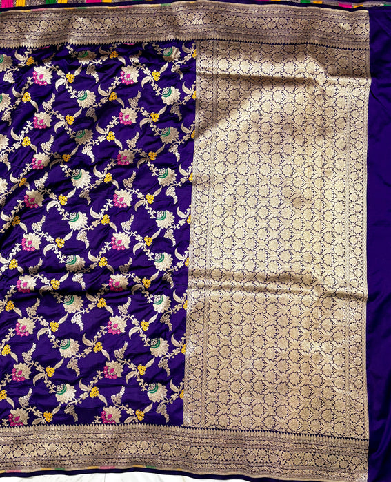 Dark Purple Green Pure Katan Banarasi Handloom Saree - Meenakari Work