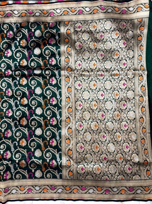 Bottle Green Pure Katan Banarasi Handloom Saree - Meenakari Work