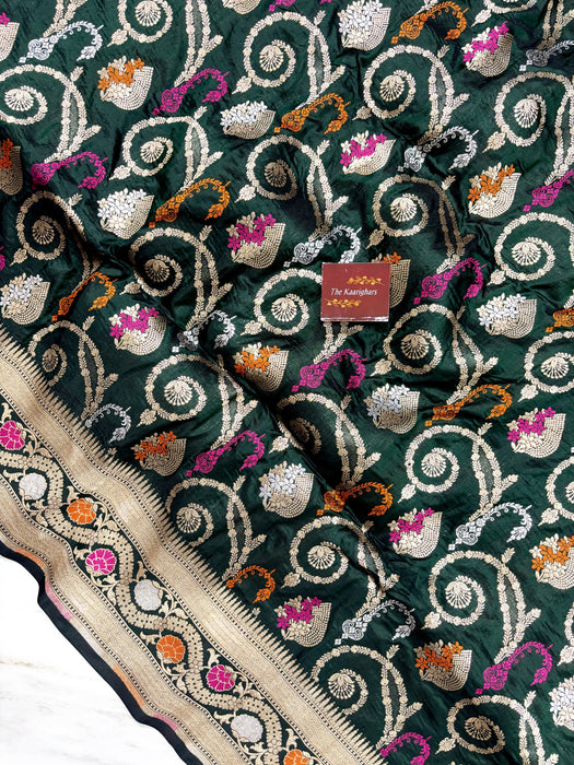 Bottle Green Pure Katan Banarasi Handloom Saree - Meenakari Work