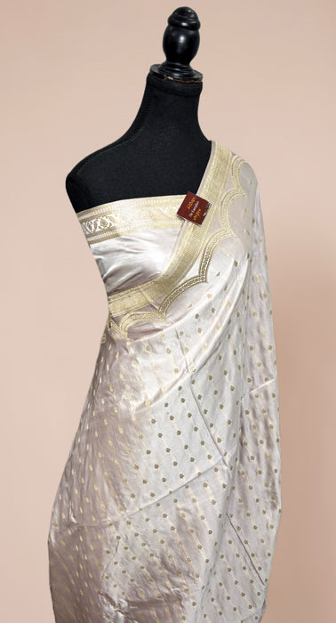 Offwhite Pure Satin Banarasi Handloom Saree