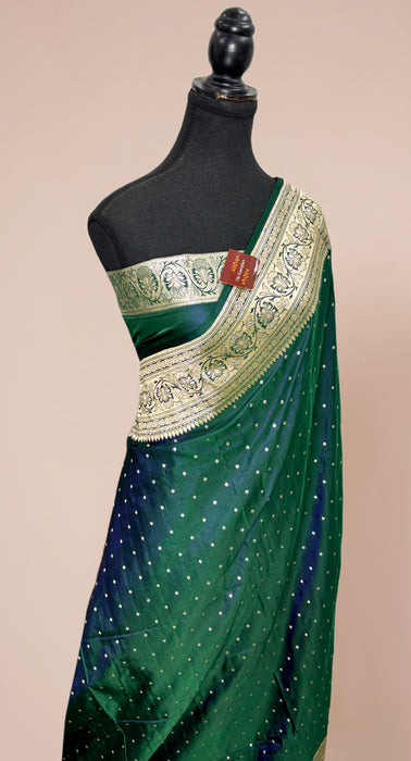 Dual Shade Bottle Green Pure Satin Banarasi Handloom Saree