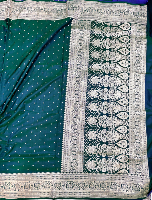 Dual Shade Bottle Green Pure Satin Banarasi Handloom Saree
