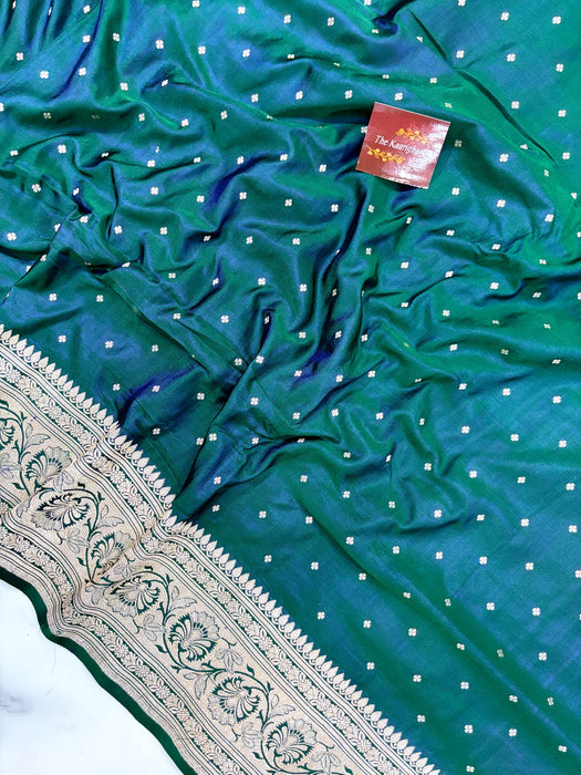 Dual Shade Bottle Green Pure Satin Banarasi Handloom Saree
