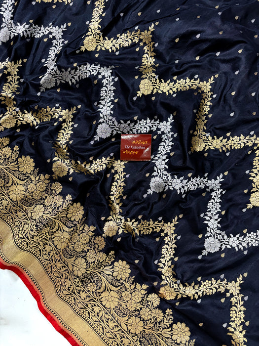 Black Pure Katan Banarasi Handloom Saree - Kadiyal Jaal Work