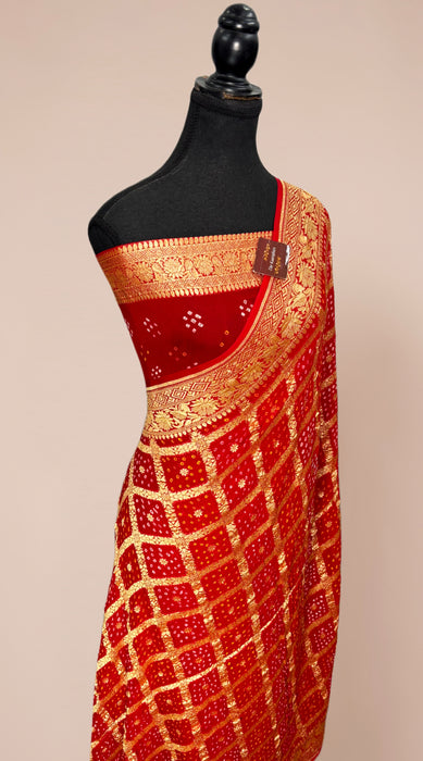 Red Pure Khaddi Georgette Bandhani Banarasi Saree