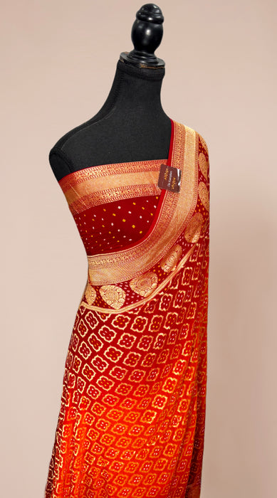 Orange Pure Khaddi Georgette Bandhani Banarasi Saree
