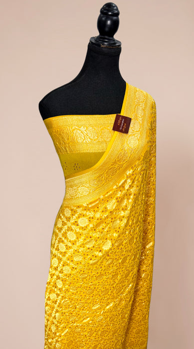 Yellow Pure Khaddi Georgette Bandhani Banarasi Saree