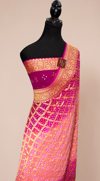 Pink Pure Khaddi Georgette Bandhani Banarasi Saree