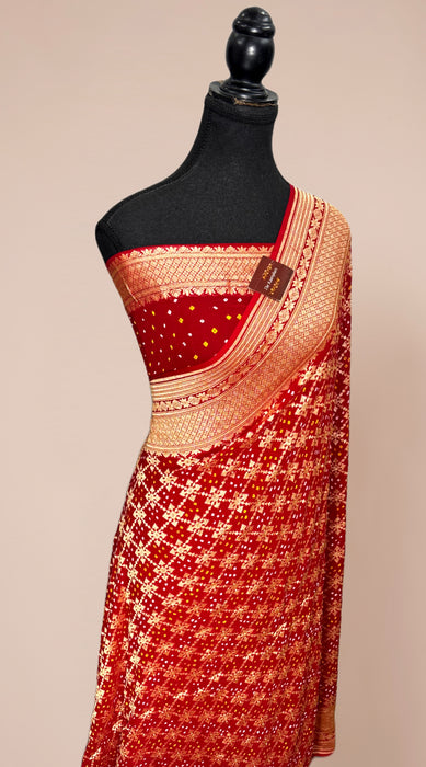 Red Pure Khaddi Georgette Bandhani Banarasi Saree