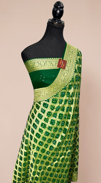 Green Pure Khaddi Georgette Bandhani Banarasi Saree