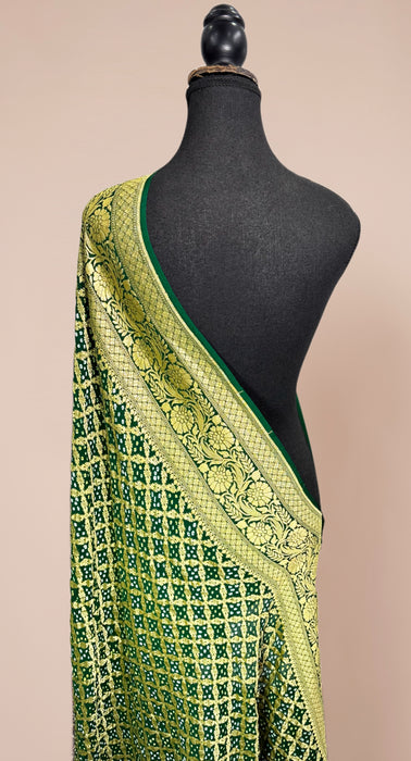 Green Pure Georgette Bandhani Banarasi Handloom Dupatta