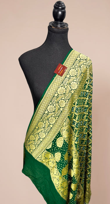 Green Pure Georgette Bandhani Banarasi Handloom Dupatta
