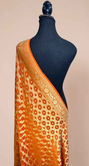 Orange Pure Georgette Bandhani Banarasi Handloom Dupatta
