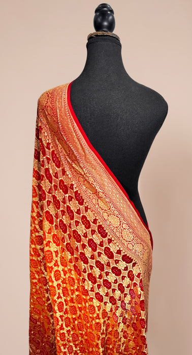 Red Pure Georgette Bandhani Banarasi Handloom Dupatta