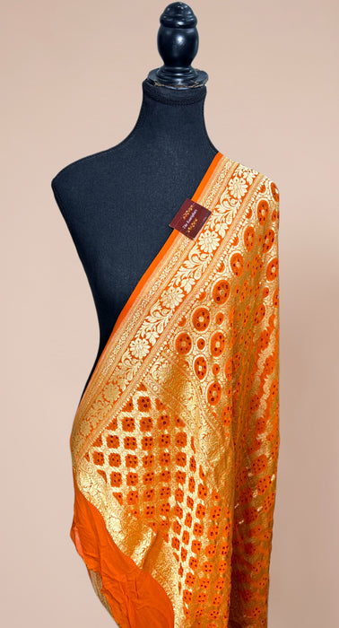 Orange Pure Georgette Bandhani Banarasi Handloom Dupatta
