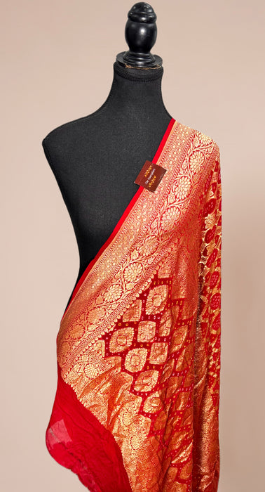 Red Pure Georgette Bandhani Banarasi Handloom Dupatta