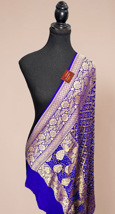 Purplish Blue Pure Georgette Bandhani Banarasi Handloom Dupatta