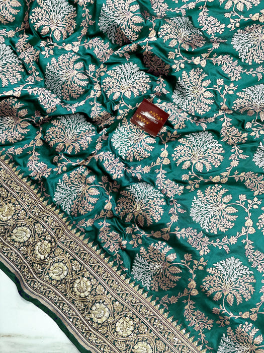 German Green Pure Katan Banarasi Handloom Saree - With Sarowski and Zardozi Work