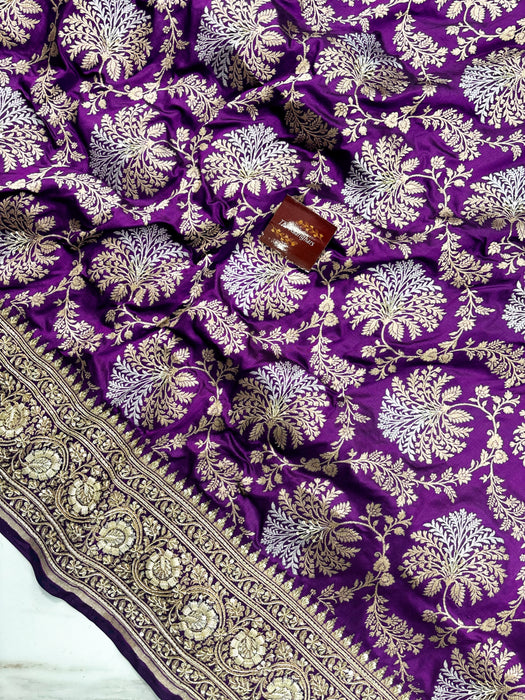 Purple Pure Katan Banarasi Handloom Saree - With Sarowski and Zardozi Work