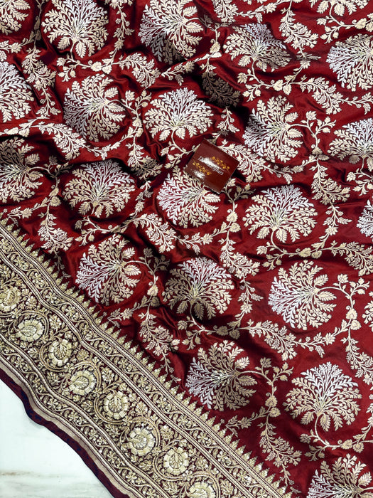 Maroon Pure Katan Banarasi Handloom Saree - With Sarowski and Zardozi Work